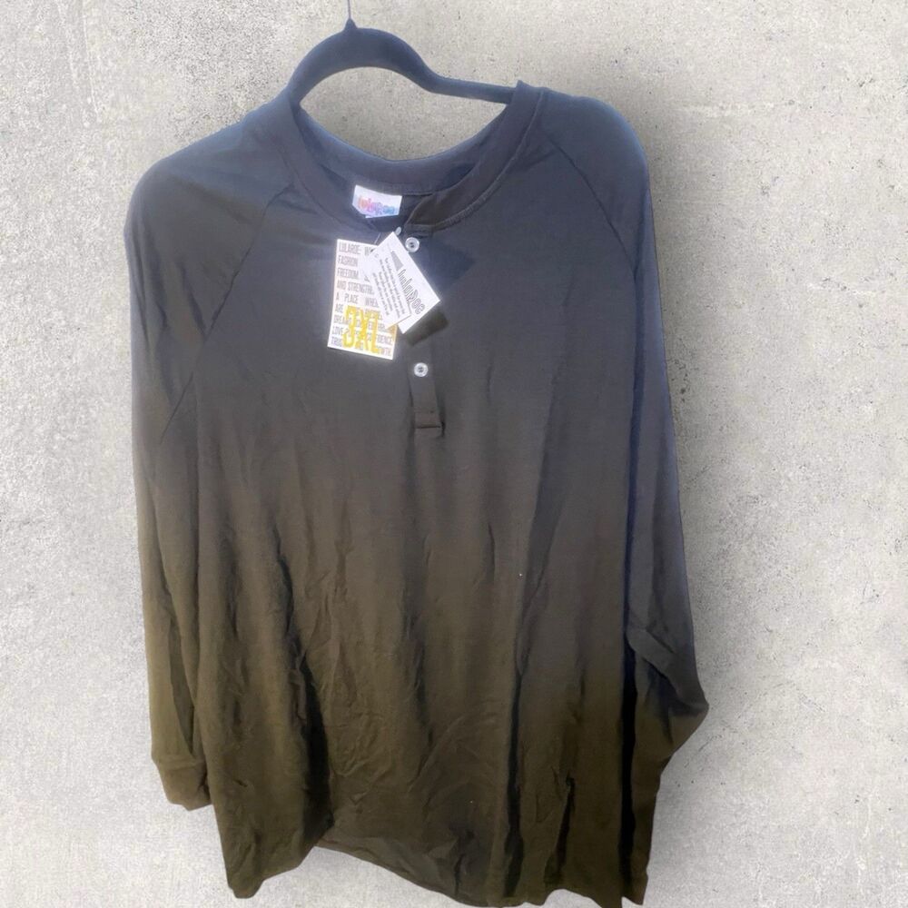 LuLaRoe Mark Henley Shirt Long Sleeve Size 3XL Black Solid Print NWT
